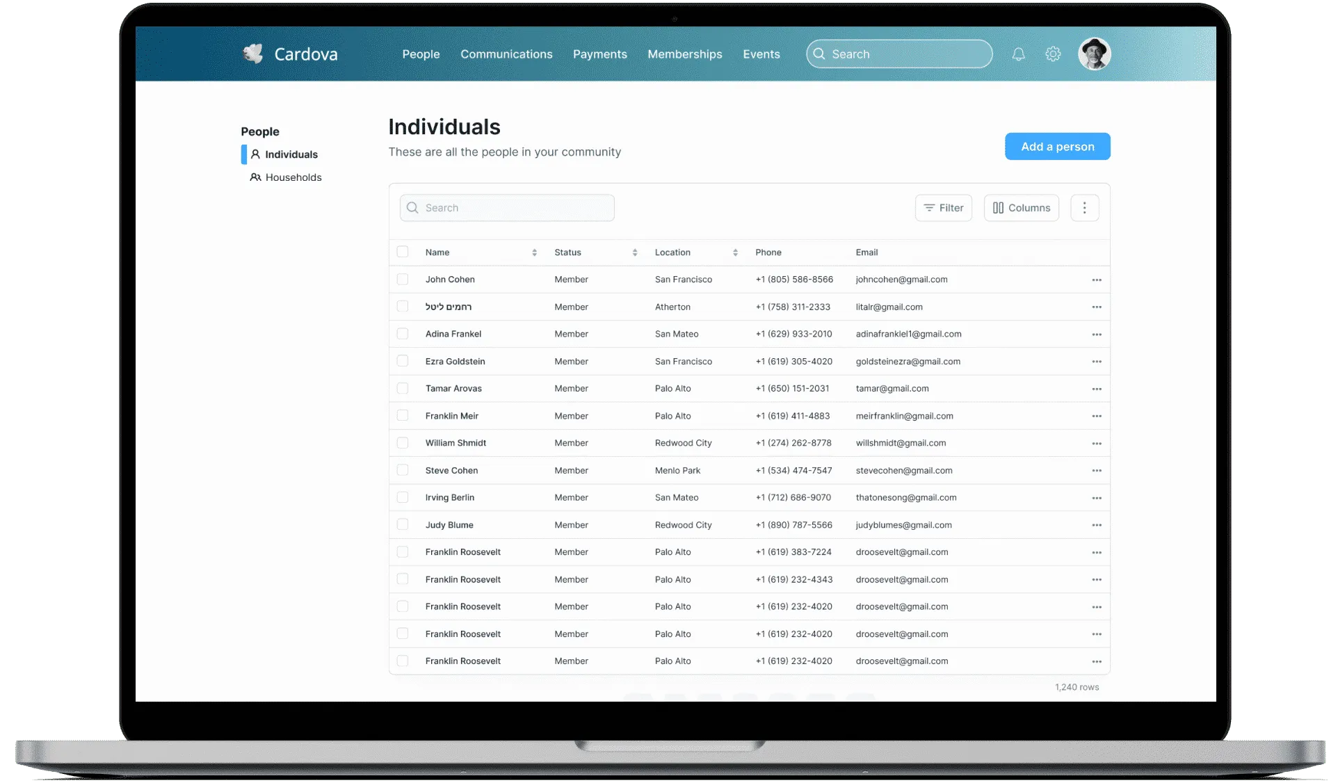 Cardova People directory on a laptop, listing community members with status, location, phone, and email