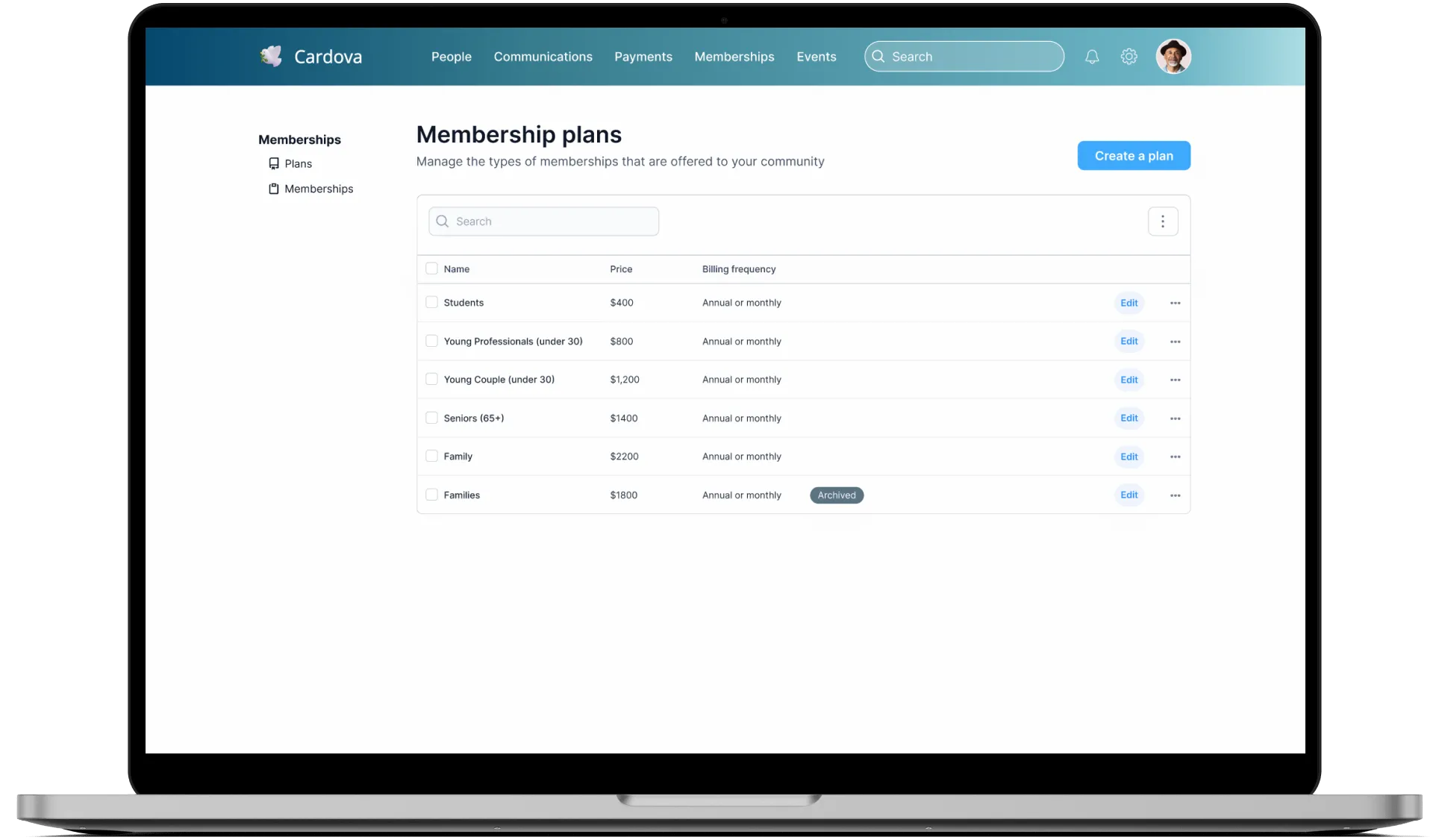 Cardova Membership plans screen listing plans such as Students, Family, and Seniors with prices and annual or monthly billing
