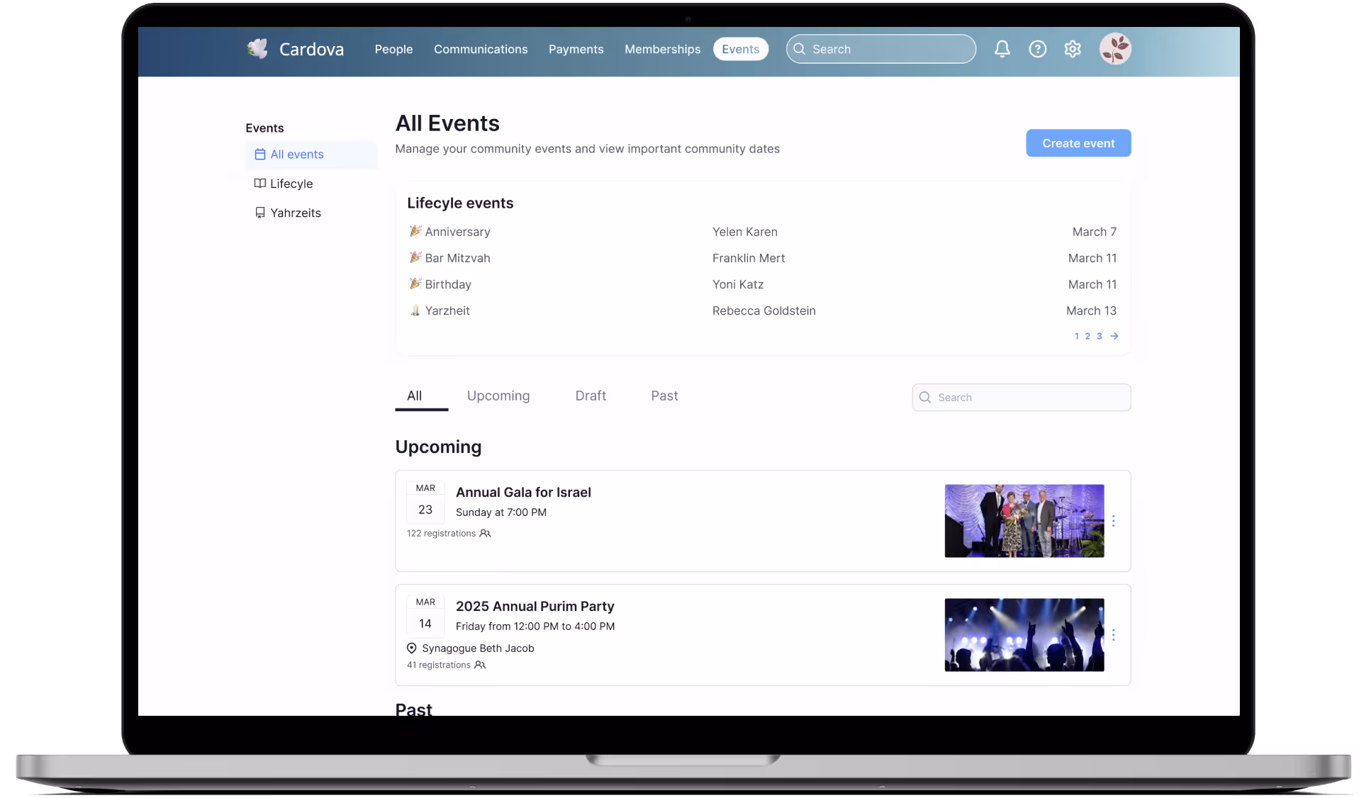 Cardova events dashboard on a laptop